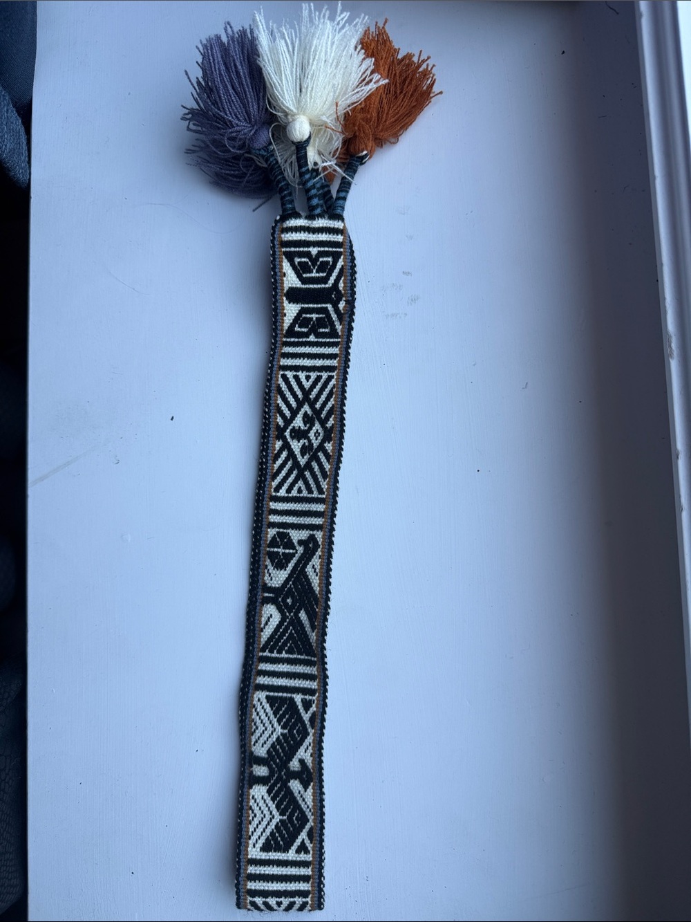 Handwoven Black and Cream Andean Tassel Hat Band